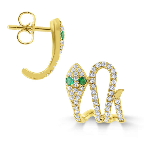 14k Yellow Gold Emerald and Diamond Snake Stud Earrings
