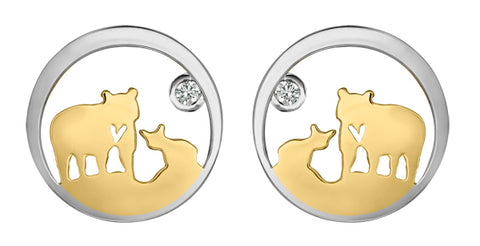 14k Two-Tone Gold Diamond Jeanie Bear Stud Earrings