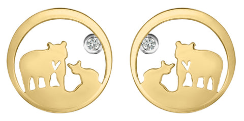 14k Canadian Yellow Gold Diamond Jeanie Bear Stud Earrings