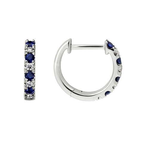 14k White Gold Blue Sapphire and Diamond Huggie Earrings