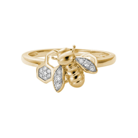 14k Gold Diamond Bumblebee Honeycomb Ring