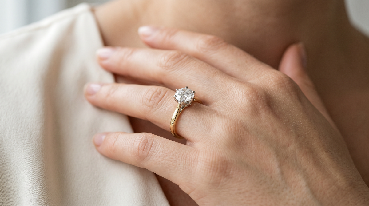 Canadian diamond solitaire engagement ring worn on the hand