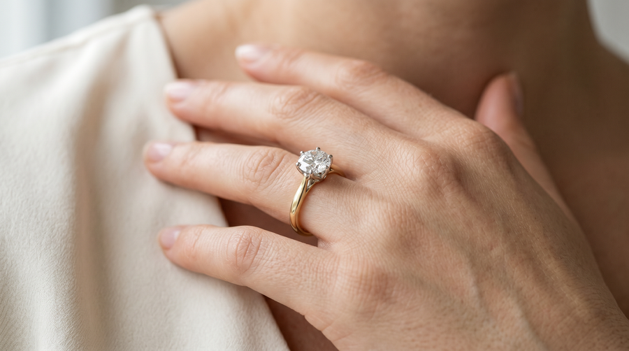 Canadian diamond solitaire engagement ring worn on the hand