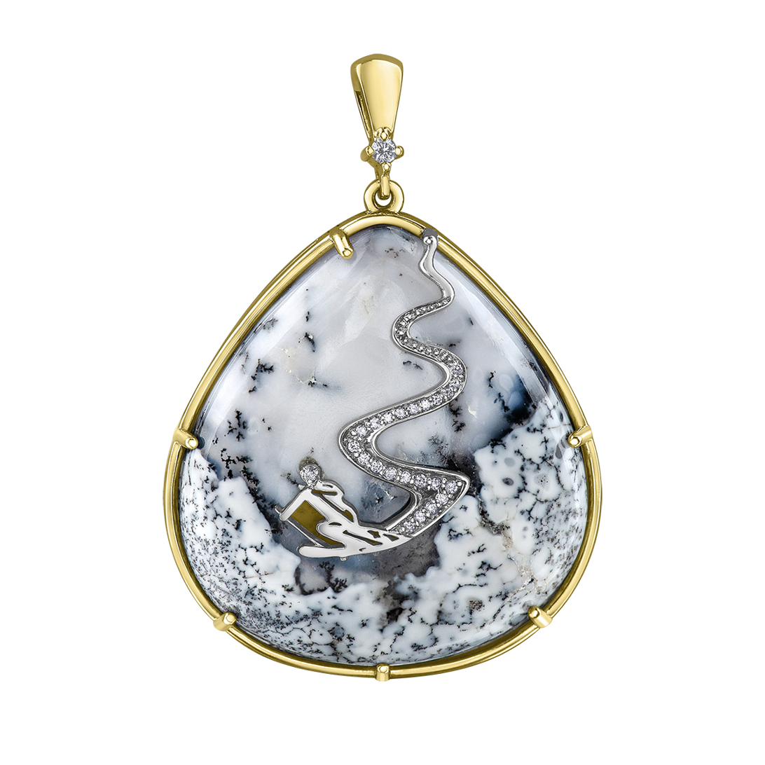 14k yellow gold Canadian diamond Whistler skier pendant with dendritic agate