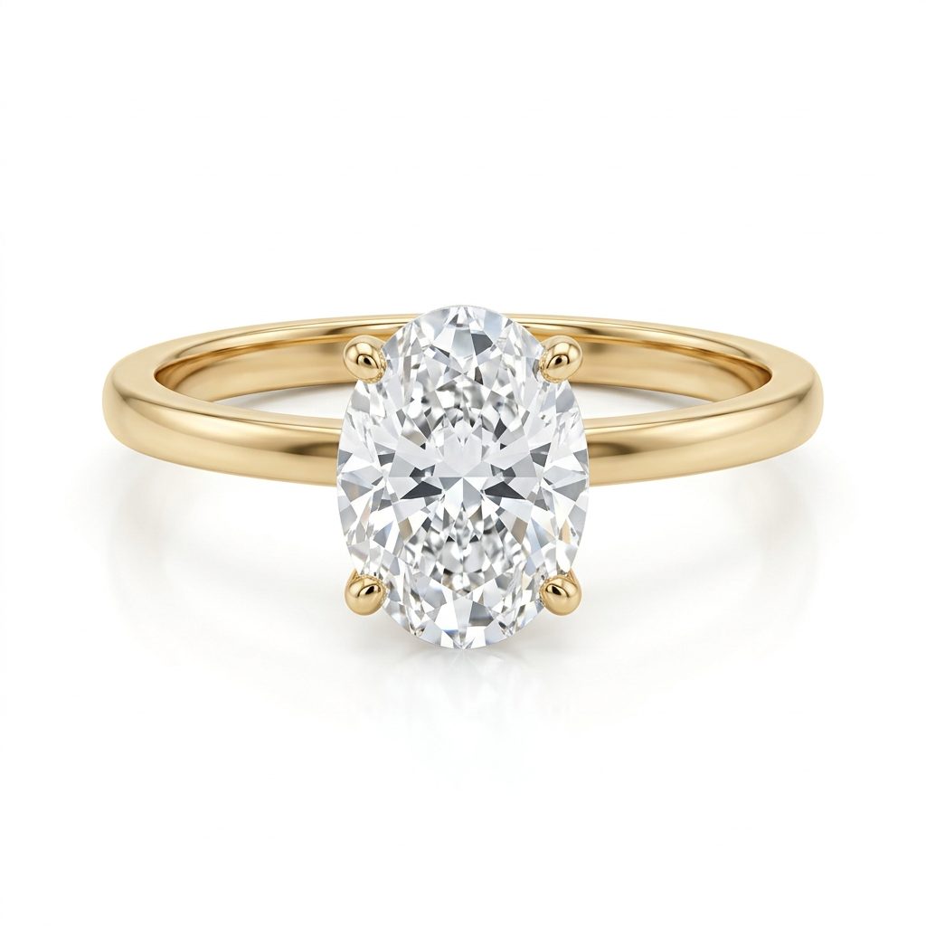3.09 carat lab-grown oval diamond hidden halo solitaire ring in yellow gold, front view on white