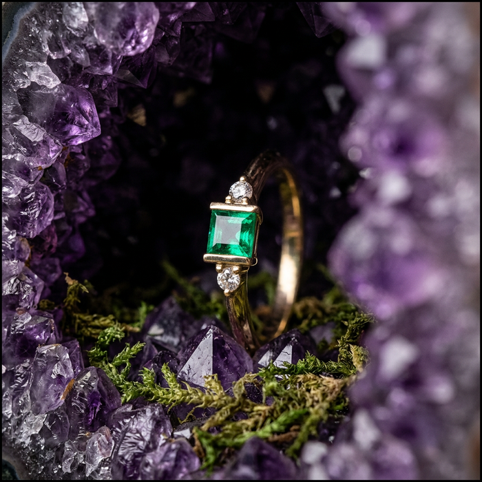 14k Yellow Gold Emerald and Diamond Stacker Ring | May Birthstone Gift
