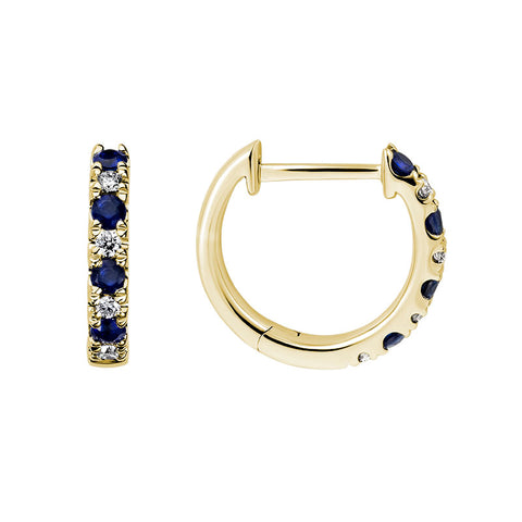 14k Yellow Gold Blue Sapphire and Diamond Huggie Earrings