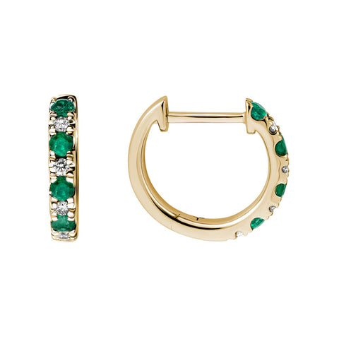14k Yellow Gold Emerald and Diamond Huggie Earrings