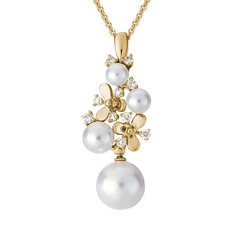 14k Yellow Gold Diamond Pearl Floral Pendant