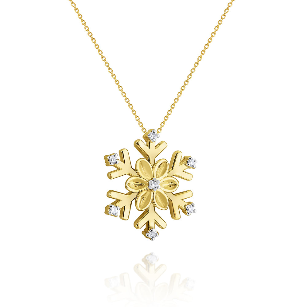 14k Yellow Gold Diamond Snowflake Pendant | Winter Holiday Gift