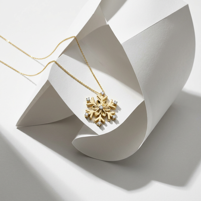 14k Yellow Gold Diamond Snowflake Pendant | Winter Holiday Gift