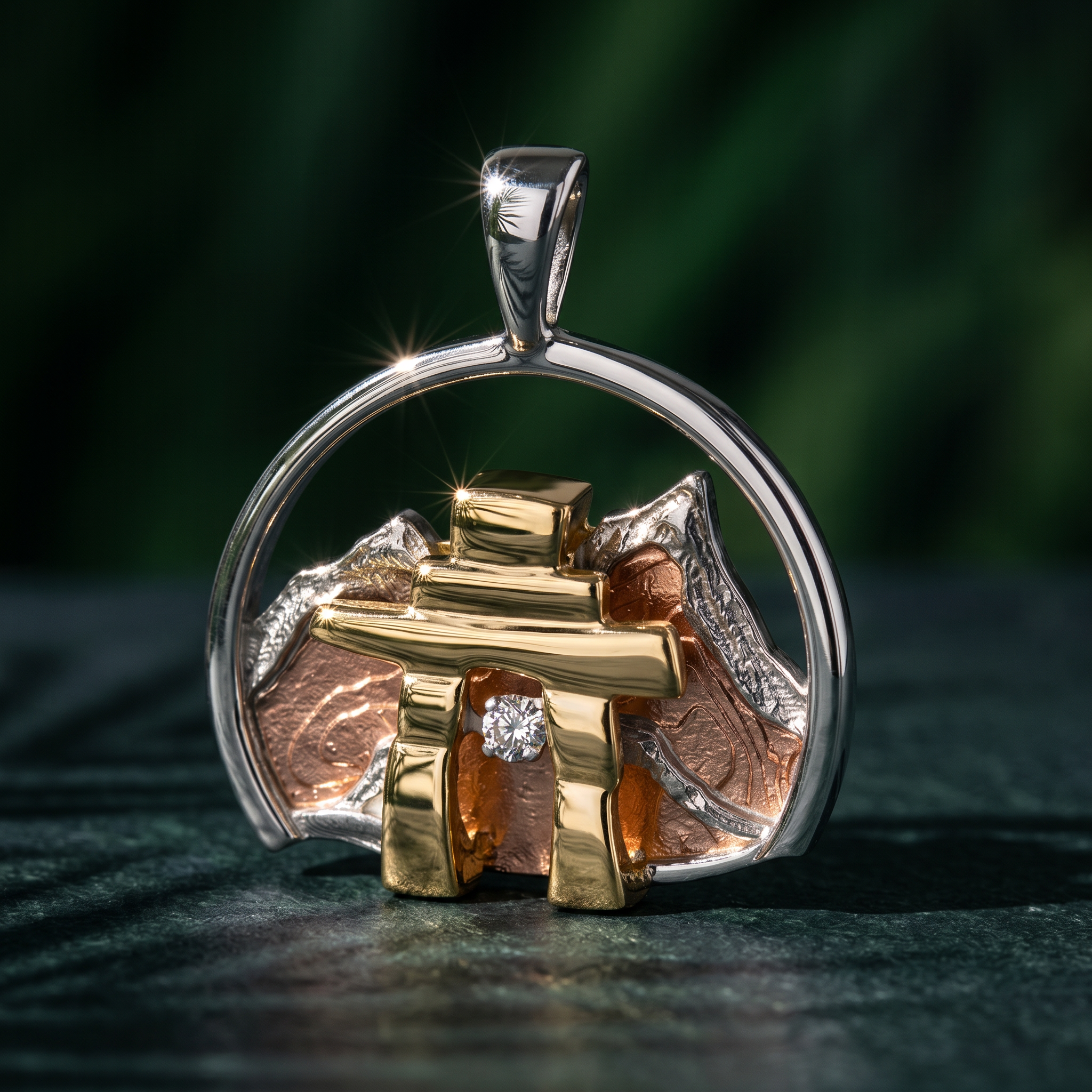 14k Tri-Colour Gold Canadian Diamond Inukshuk Mountain Pendant | Alpenglow | Whistler Keepsake