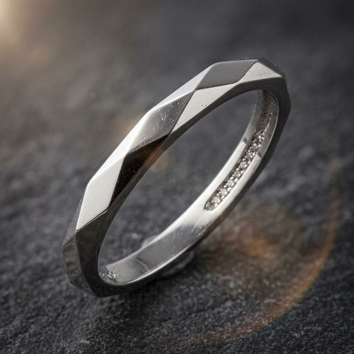 10k White Gold Diamond Cut Geometric Comfort Fit Stacker Ring | Whistler Keepsake
