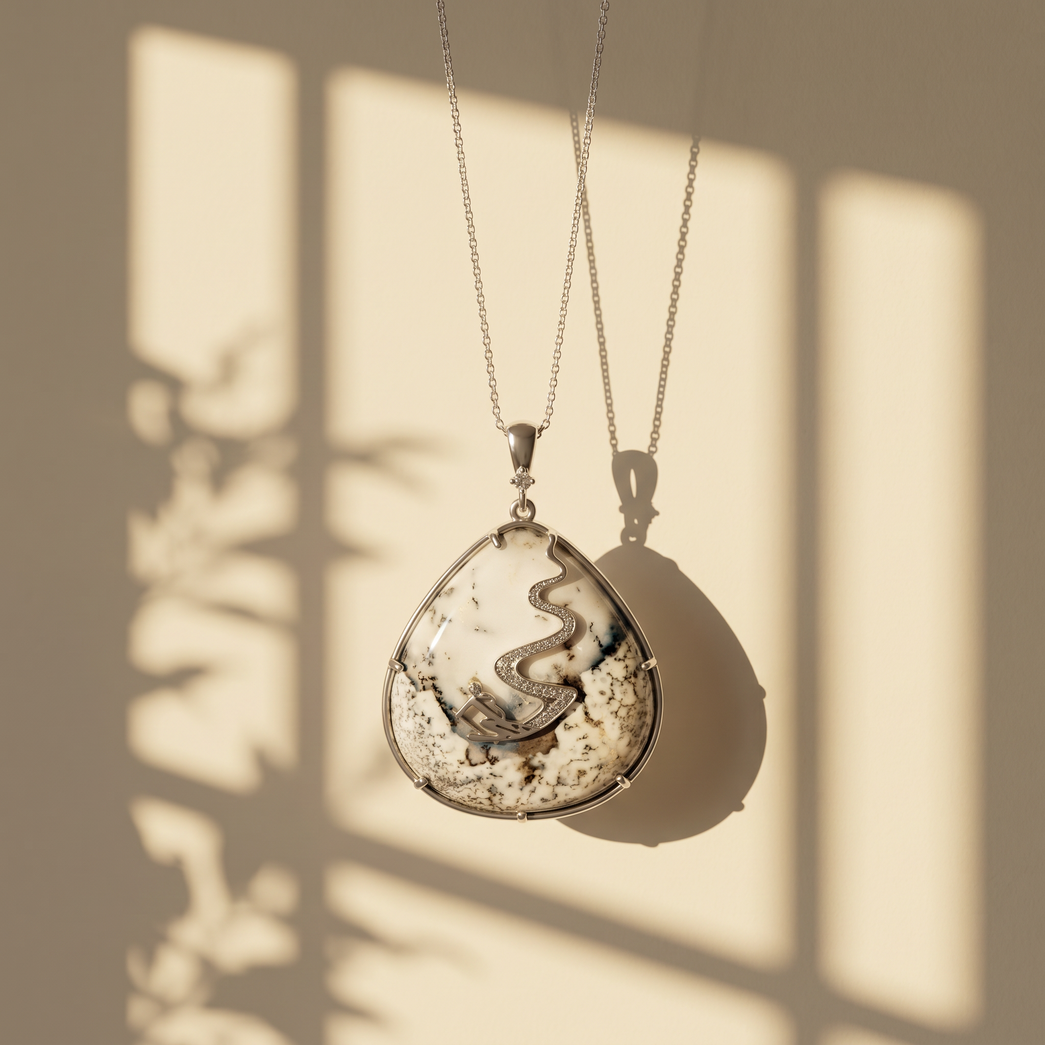 14k White Gold Canadian Diamond Whistler Skier Pendant | Dendritic Agate | Keir Original Design