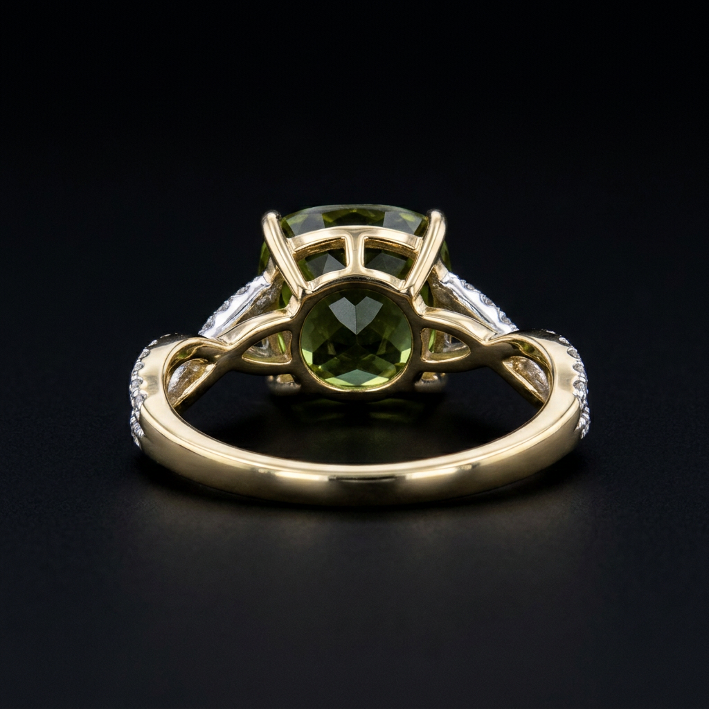 A yellow gold ring featuring a large oval green gemstone in a prong setting, with small clear stones along the shoulders, photographed on a dark black background.