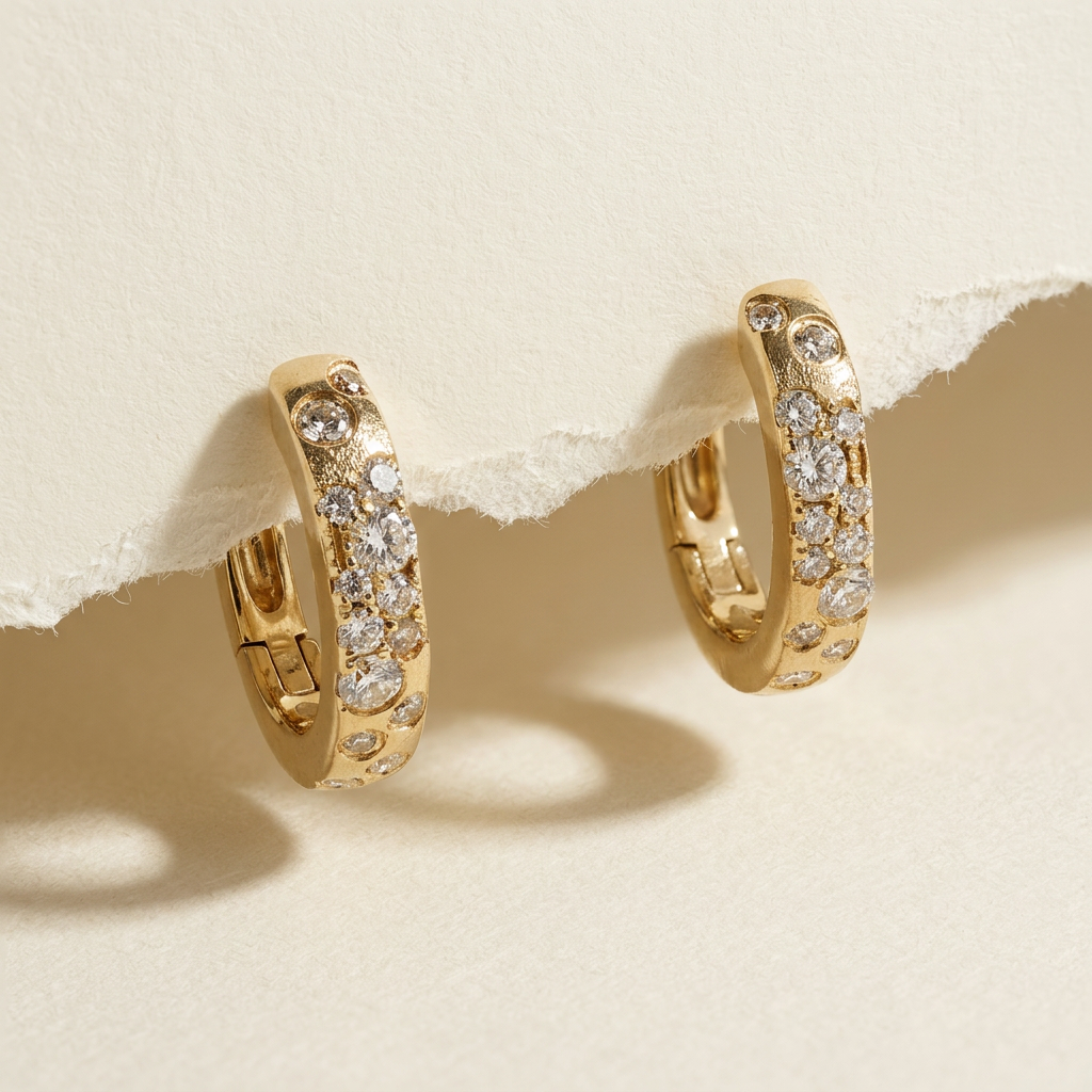 14k Yellow Gold Diamond Snowfall Huggie Earrings | Luxury Winter Gift