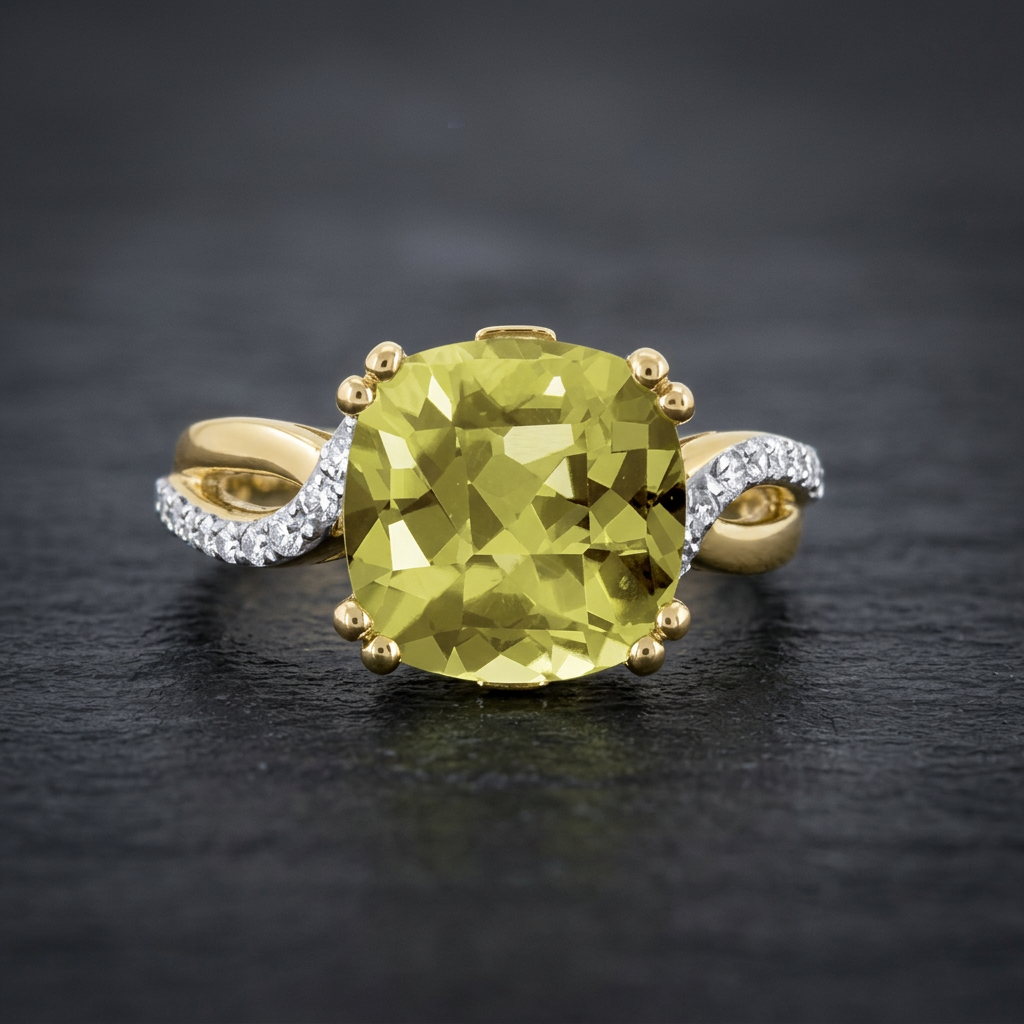 A cushion-cut yellow-green gemstone ring with a yellow gold setting and diamond-accented split shank, photographed on a dark textured background.