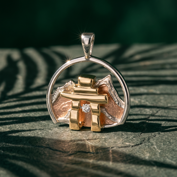 14k Tri-Colour Gold Canadian Diamond Inukshuk Mountain Pendant | Alpenglow | Whistler Keepsake