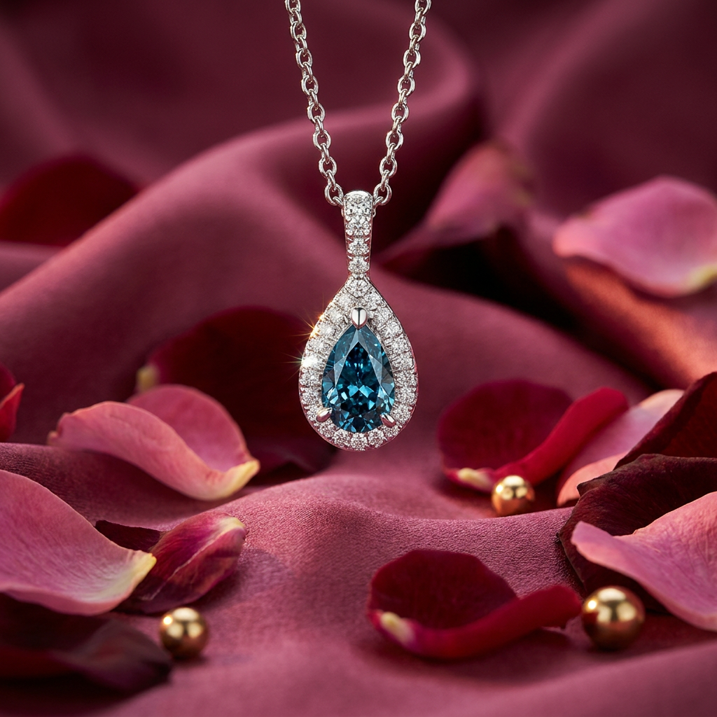 10k White Gold Sapphire & Diamond Halo Pear Shape Pendant | 0.08cttw | Whistler Keepsake