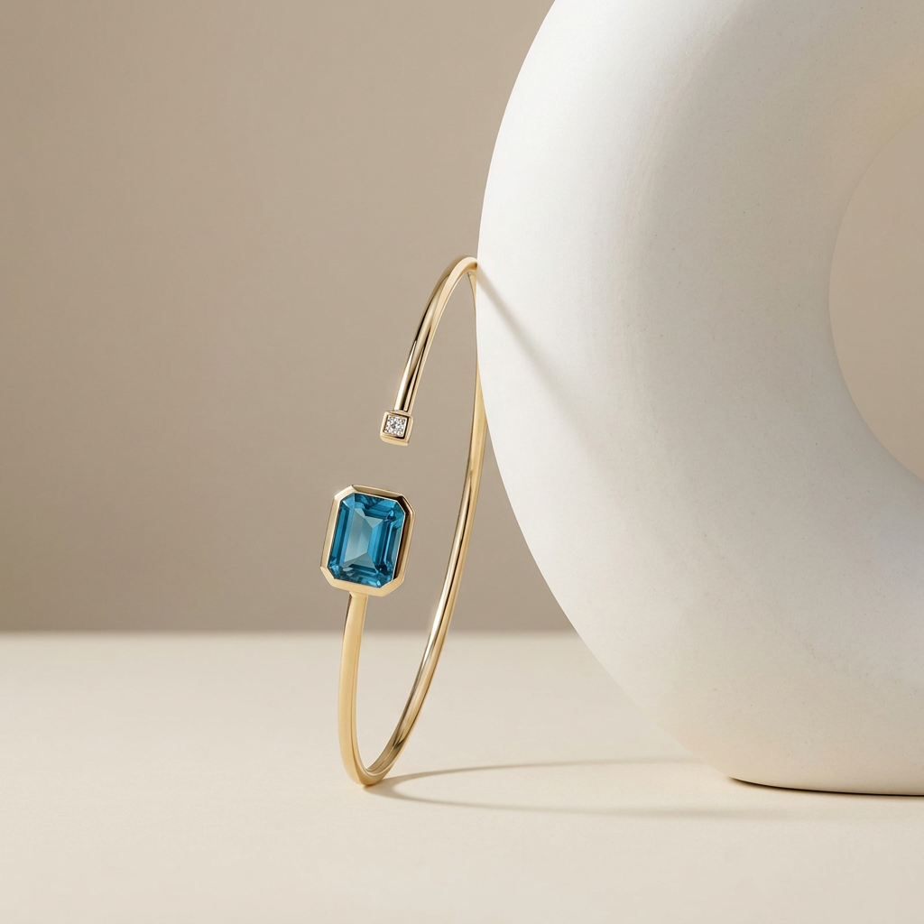 14k Yellow Gold London Blue Topaz & Diamond Open Wire Bangle