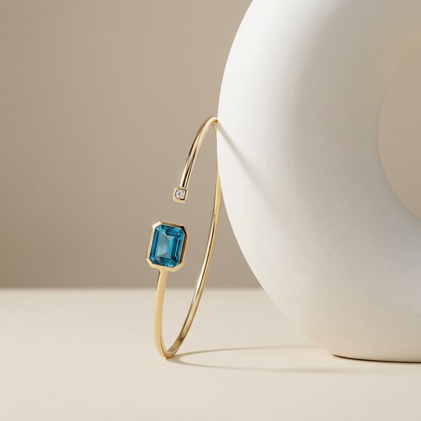 14k Yellow Gold London Blue Topaz & Diamond Open Wire Bangle