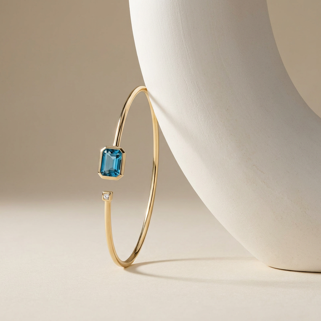 14k Yellow Gold London Blue Topaz & Diamond Open Wire Bangle