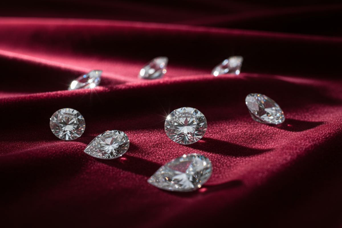 Loose lab-grown diamonds on red velvet