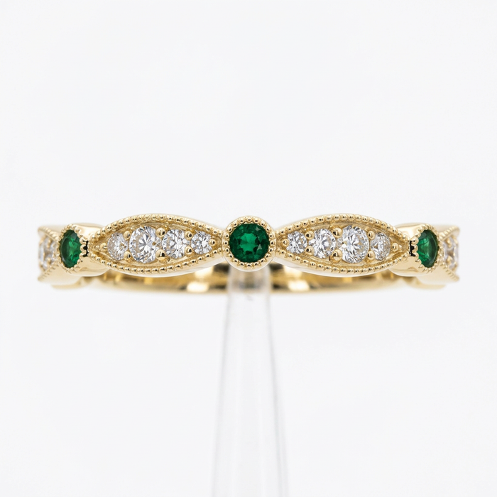 10k Yellow Gold Emerald & Diamond Milgrain Stacker Ring | 0.15ct | Whistler Keepsake