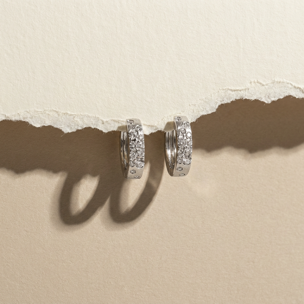 14k White Gold Diamond Snowfall Huggie Earrings | Luxury Anniversary Gift