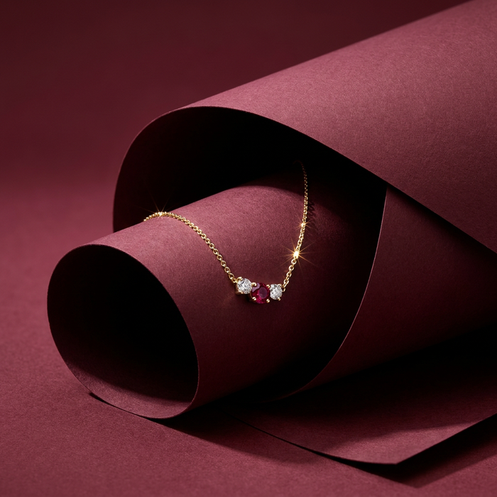 14k Yellow Gold Ruby & Canadian Diamond Three Across Pendant | Whistler Keepsake