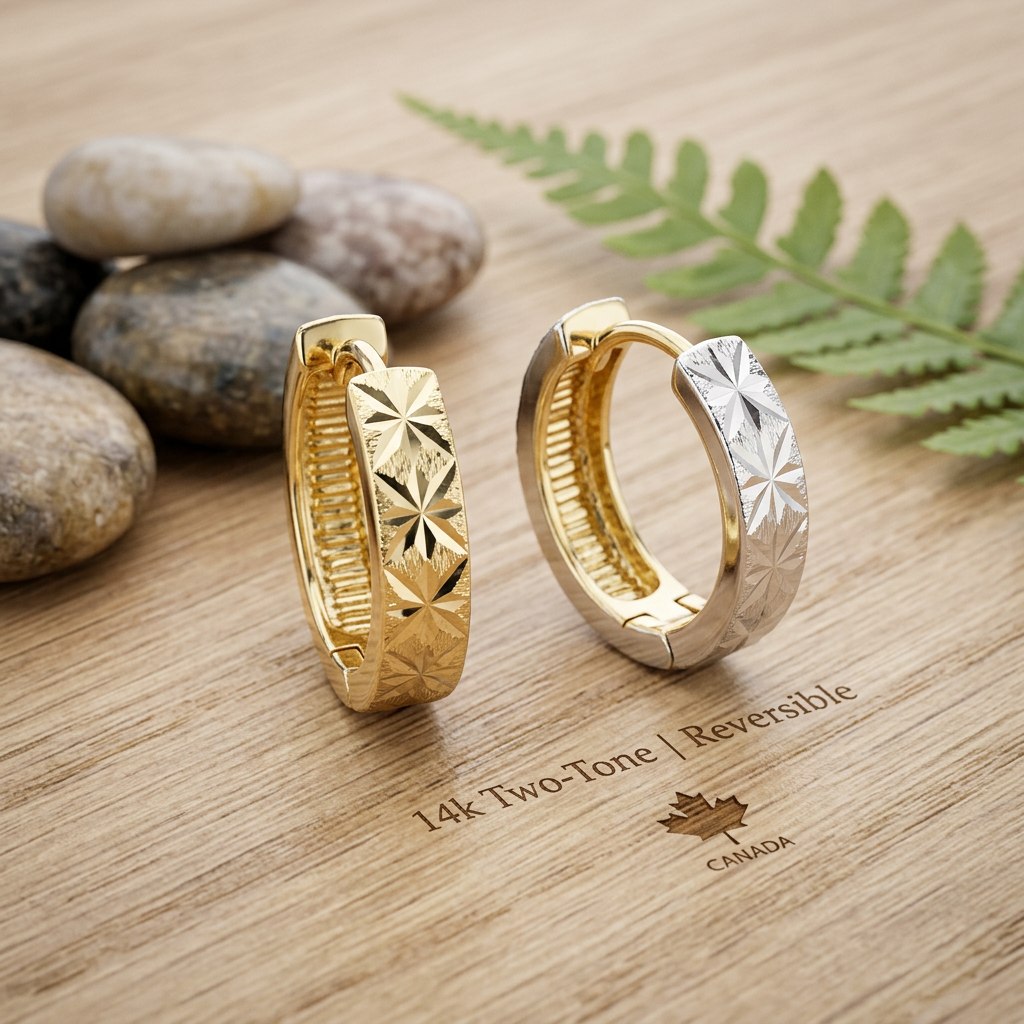 14k Yellow & White Gold Diamond Cut Reversible Huggie Earrings | Whistler Keepsake