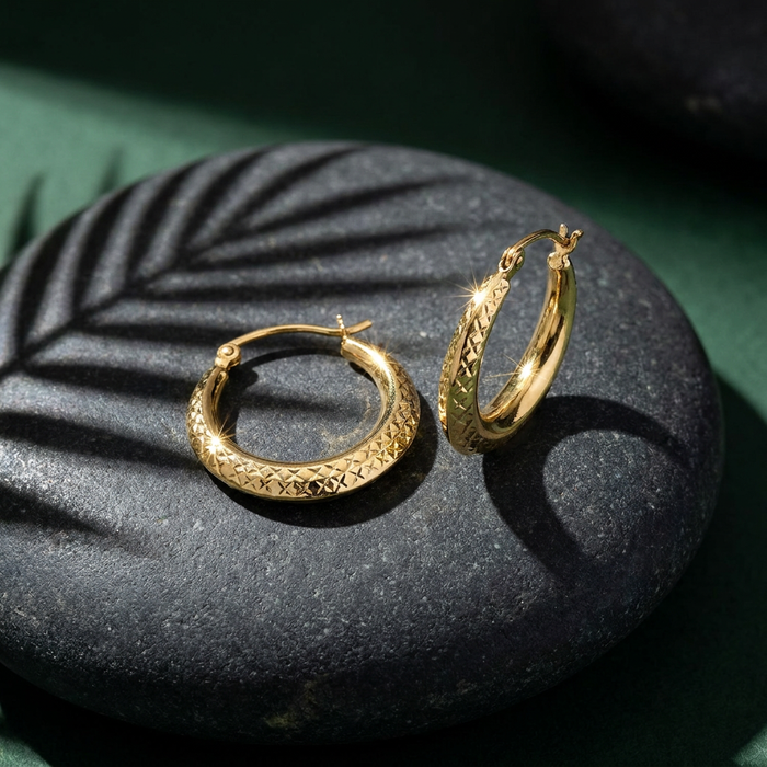 14k Yellow Gold Textured Hoop Earrings | 18mm Versatile Jewelry Staple