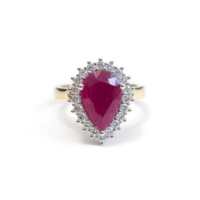 18k Pear Ruby and Diamond Halo Dinner Ring