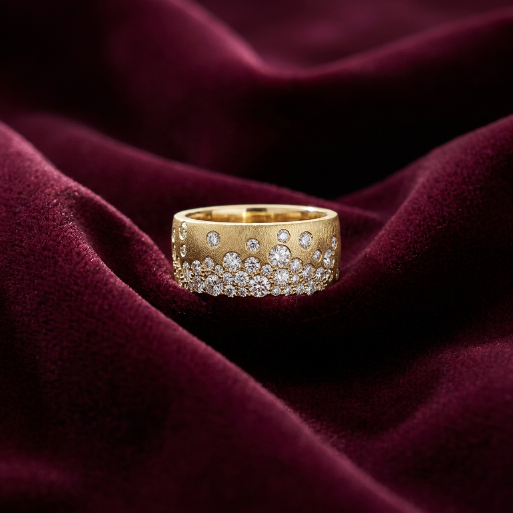 14K Yellow Gold Diamond Snowfall Stacker Ring | Luxury Anniversary Statement Band