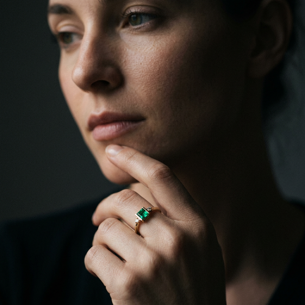 14k Yellow Gold Emerald and Diamond Stacker Ring | May Birthstone Gift