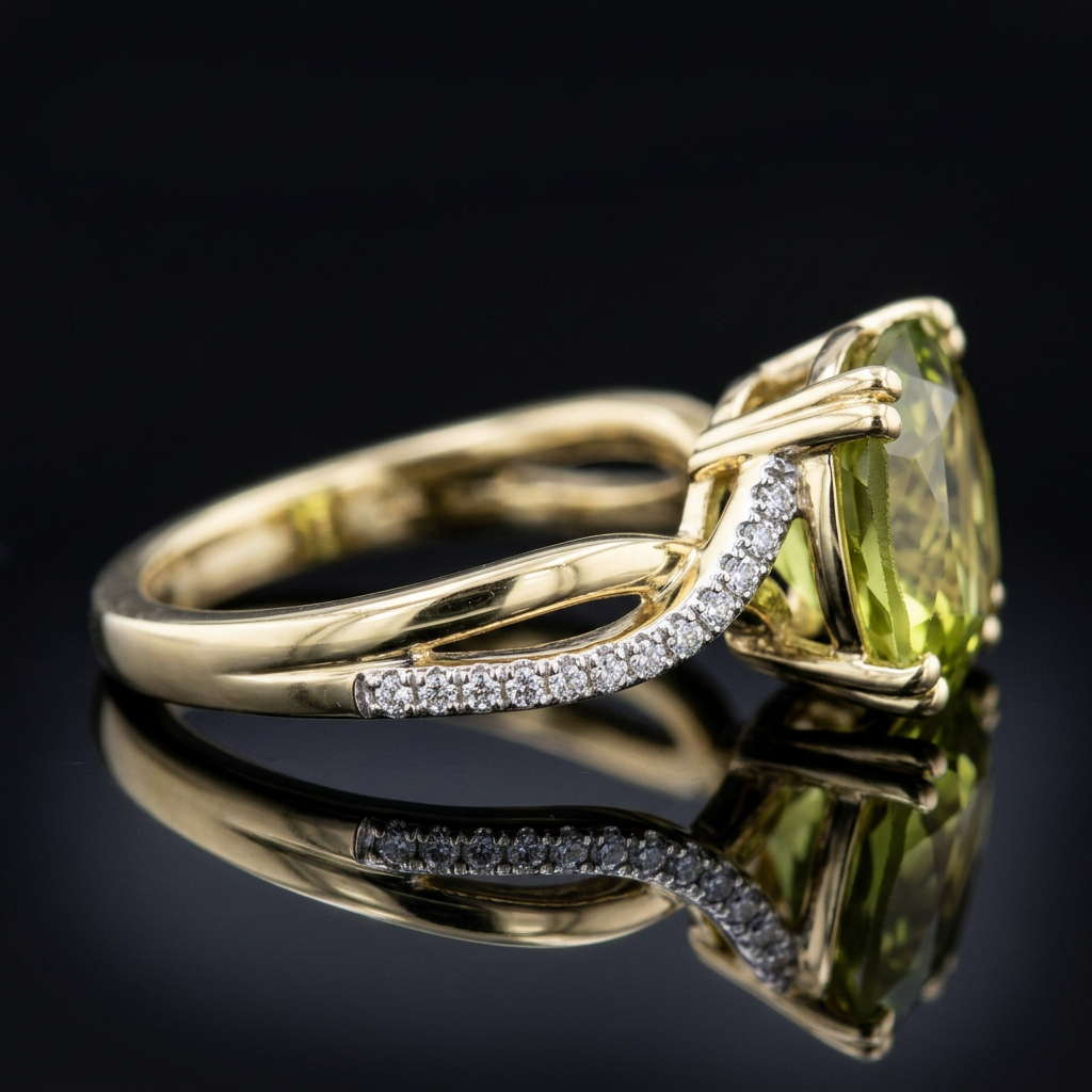 A yellow gold ring featuring a large cushion-cut olive green gemstone and a pavé diamond accent on the band, set against a dark reflective background.