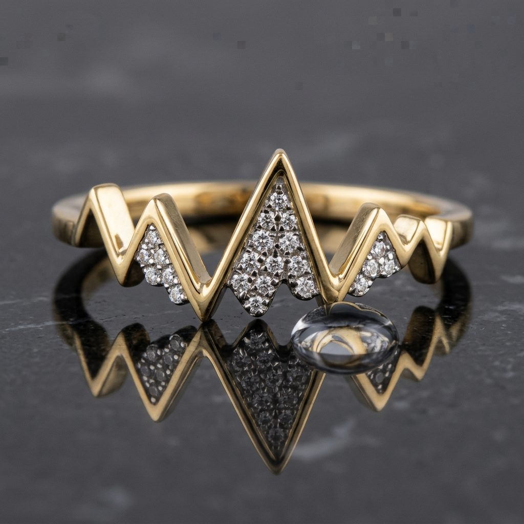 14k Yellow Gold Diamond Snow Capped Mountain Ring | Adventure & Graduation Gift