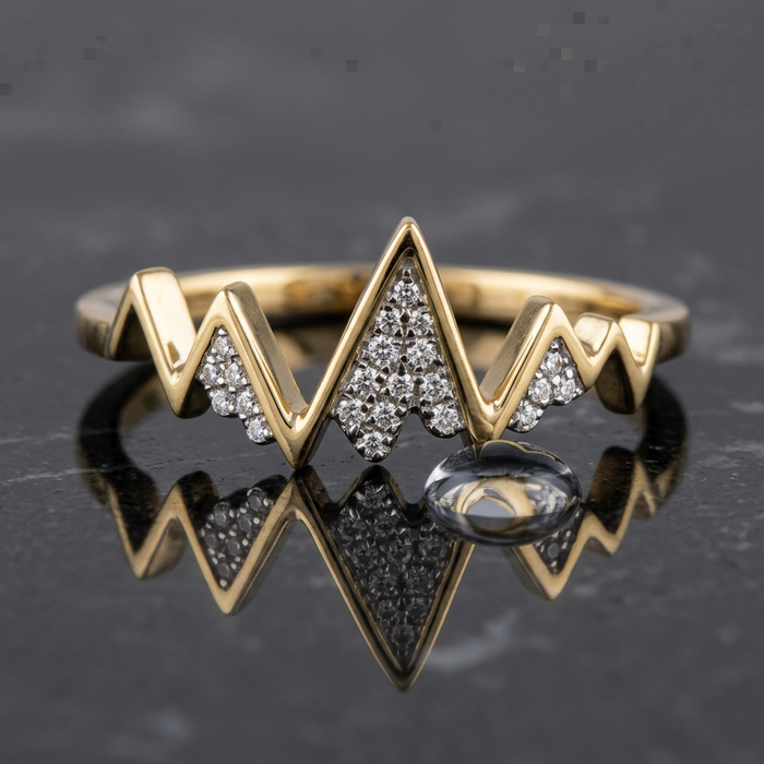 14k Yellow Gold Diamond Snow Capped Mountain Ring | Adventure & Graduation Gift