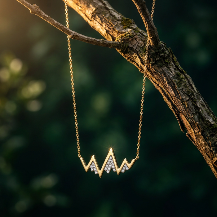 14k Yellow Gold Diamond Snow Capped Mountain Pendant | Alpine Keepsake