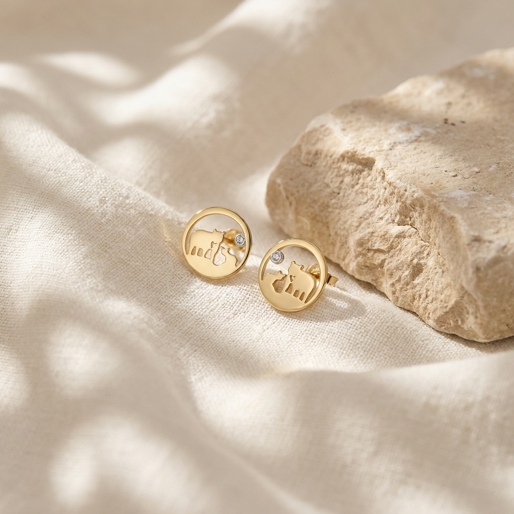 14k Canadian Yellow Gold Diamond Jeanie Bear Stud Earrings | Ethical Luxury