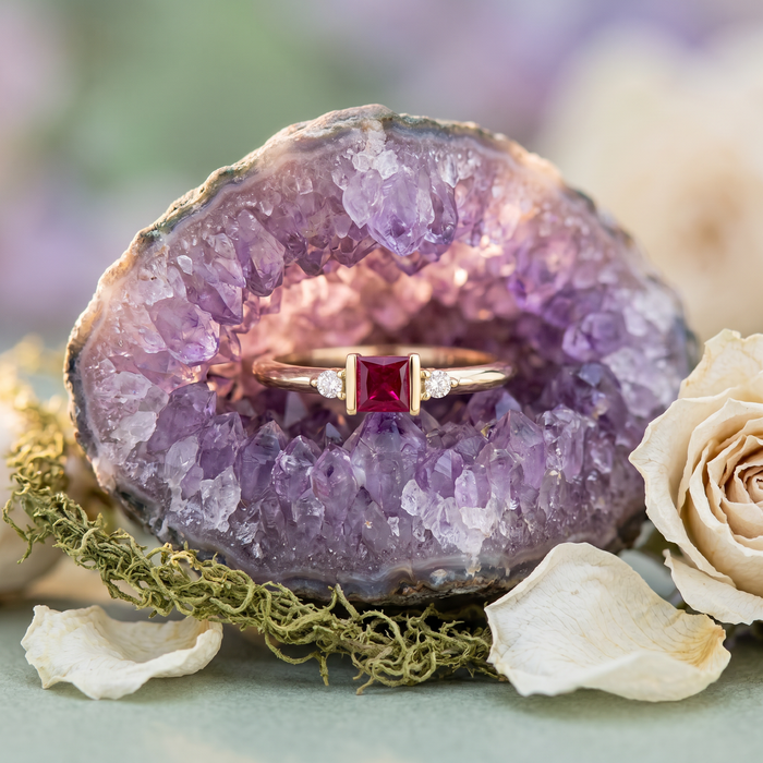14k Yellow Gold Ruby and Diamond Stacker Ring | July Birthstone Gift