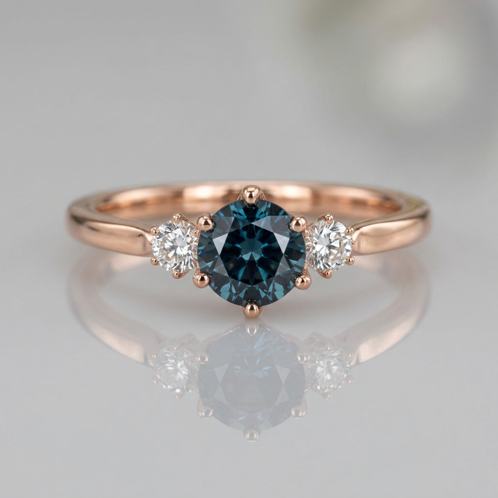 14K Rose Gold Montana Teal Sapphire & Canadian Diamond Ring - front view with reflection