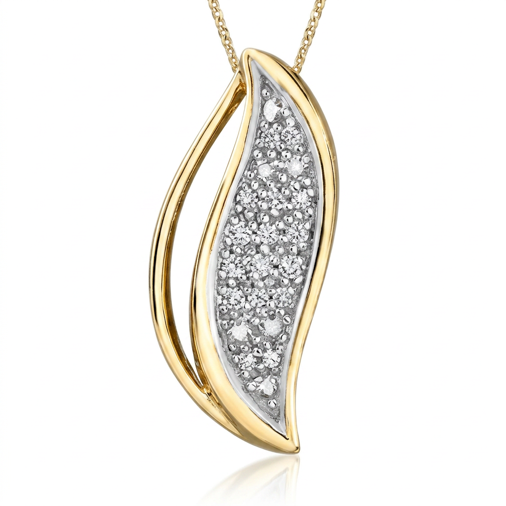 A two-tone yellow gold and white gold leaf-shaped pendant necklace featuring a pavé diamond center, shown on a clean white background with a subtle reflection.