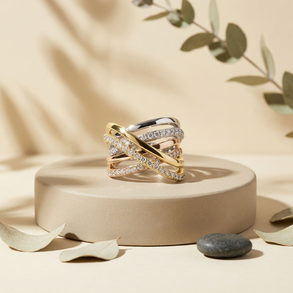 10k Tri-Colour Canadian Gold Diamond Criss-Cross Dinner Ring | 1.00ct | Whistler Statement Ring