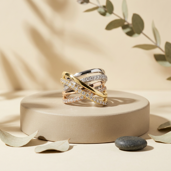 10k Tri-Colour Canadian Gold Diamond Criss-Cross Dinner Ring | 1.00ct | Whistler Statement Ring