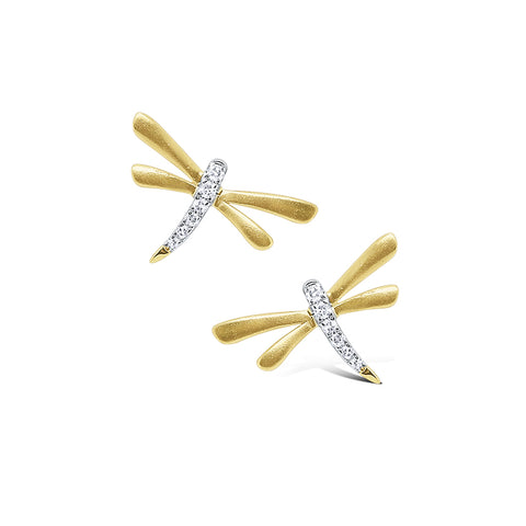 14k Yellow Gold Diamond Dragonfly Stud Earrings