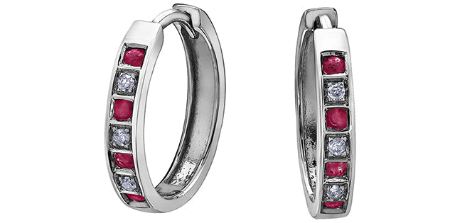 10k White Gold Ruby & Diamond Huggie Earrings | Whistler Keepsake