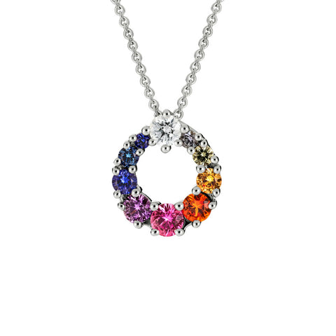 14k Gold Diamond and Multi Coloured Sapphire Circular Pendant