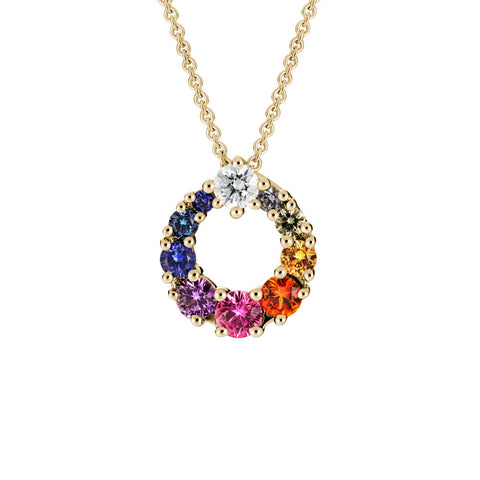 14k Gold Diamond and Multi Coloured Sapphire Circular Pendant