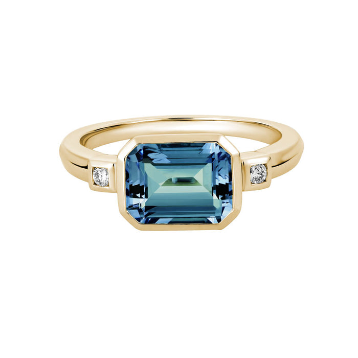 14k Yellow Gold London Blue Topaz & Diamond Three Across Dinner Ring | Whistler Statement Ring